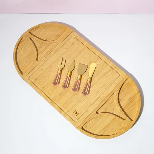 Vista 2 de Juego de tabla para embutidos y bandeja de servir Paris Hilton, tabla de bambú magnética y personalizable con utensilios para queso, set de 7