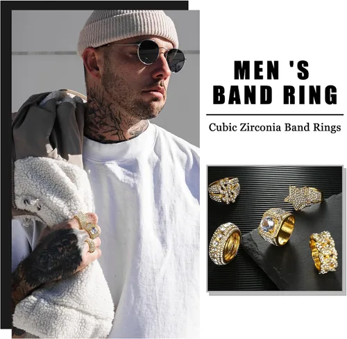 Vista 3 de Sanfenly Anillo helado para hombre, chapado en oro de 14 quilates, anillo meñique con diamantes de alta calidad, con circonita cúbica, signo