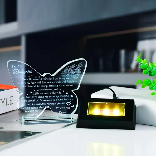 Vista 7 de YWHL Regalo para mi Hija de Papá Mamá, Mejores Regalos de Cumpleaños para Hija Adulta, Recuerdo de Vidrio en Forma de Mariposa con Base de Luz