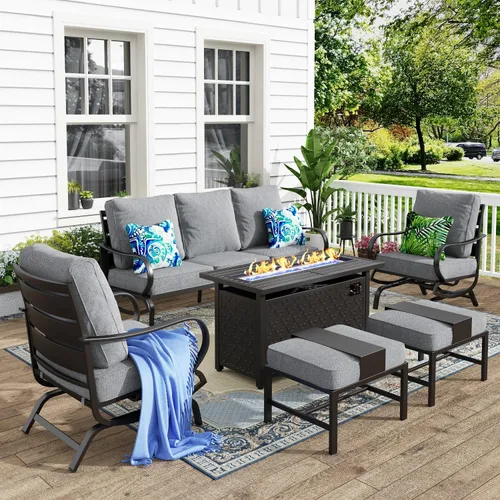 Vista 57 de MFSTUDIO Juego de 4 piezas de conversación para patio, marco de metal para todo tipo de clima, muebles de exterior con 1 mesa rectangular de propano