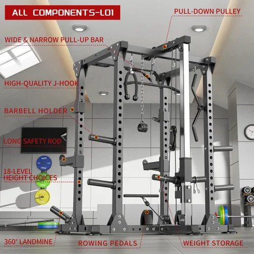 Vista 2 de Power Cage - Rack de Potencia Multifunción con Sistema de Cruce de Cables, Rack para Sentadillas de Capacidad de 1800 LBS con Banco de Pesas