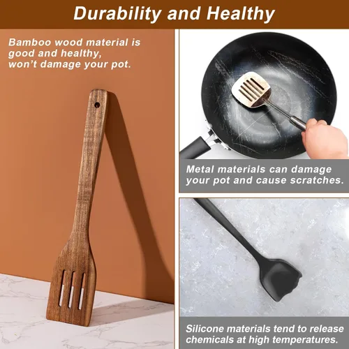 Vista 6 de Eisinly Cucharas de madera para cocinar, 7 piezas, juego de utensilios de cocina de madera antiadherentes, cuchara de espátula de madera duradera
