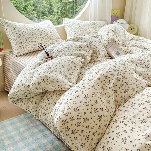 Vista 17 de HighBuy Juego de funda de edredón vintage con volantes y estampado de rayas francesas, 100% algodón con cierre de cremallera, juego de ropa de cama