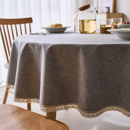 Vista 10 de Dimatic Mantel redondo con textura de lino con ribete de encaje, impermeable, a prueba de derrames, para decoración de mesa de cocina, comedor, Beige