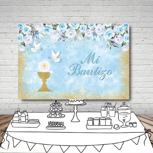 Vista 4 de MEHOFOND Mi Bautizo - Telón de fondo para fiesta de bautismo para niños, fondo de fotografía de fondo dorado con texto en inglés "Bless Bles", Azul