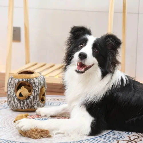 Vista 6 de Laifug juguete de peluche de ardilla escondida para perros, juguete interactivo con chillido para perros para jugar al escondite, L