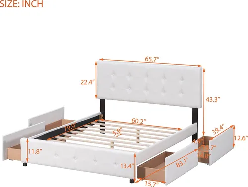 Vista 2 de Bellemave Cama Queen con 4 cajones de almacenamiento, base de cama tapizada con cabecera capitoné con botones, soporte de listones de madera, camas