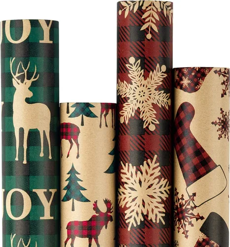 Vista 19 de RUSPEPA Papel de regalo de Navidad, papel kraft – reno, rayas y copos de nieve en diseño azul – 4 rollos – 30 pulgadas x 10 pies por rollo