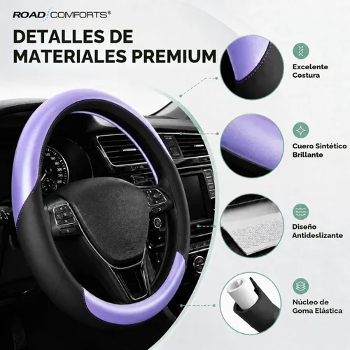 Vista 5 de Road Comforts Funda para Volante – Funda para Volante de Cuero Transpirable, Agarre Antideslizante, Ajuste Universal de 14.5" a 15", Resistente al
