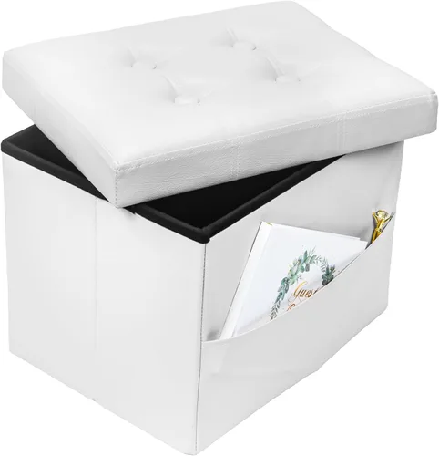 Vista 16 de Bsketa Otomana de Almacenamiento, Taburete Plegable con Asiento Acolchado de Espuma Más Gruesa, Otomana Pequeña de Cuero para Almacenamiento, Banco