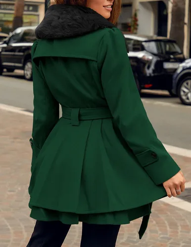 Vista 3 de Zeagoo Abrigo estilo gabardina de lana gruesa con solapa de pelo sintético y botones cruzados para mujer, tallas S a 2XL