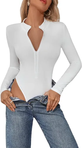 Vista 4 de Floerns Camiseta de manga larga con cremallera frontal y cuello alto falso para mujer