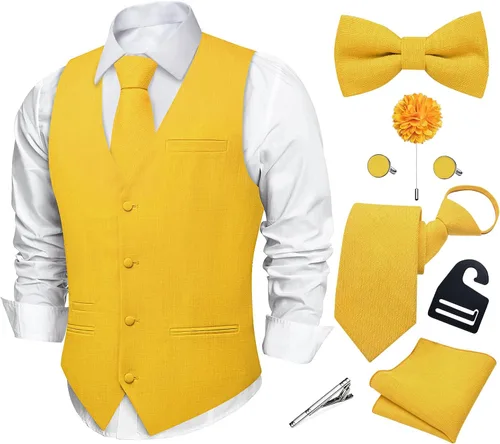 Vista 12 de DiBanGu Conjunto de corbata con cremallera y chaleco de lino para hombre Negro