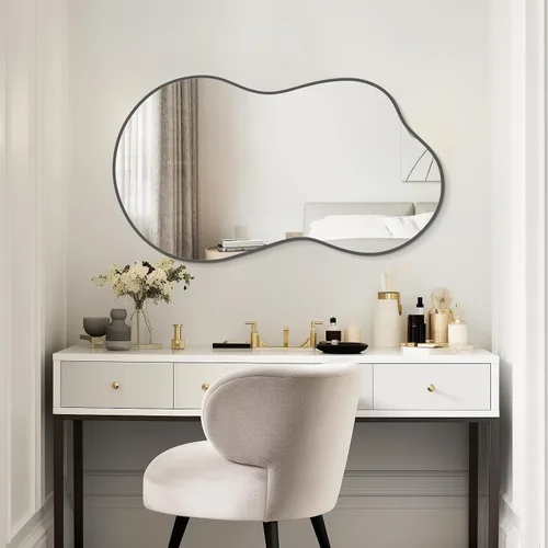 Vista 10 de Espejo de pared irregular, espejo asimétrico con marco de aleación de aluminio, espejo de pared decorativo para sala de estar, dormitorio, baño