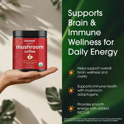 Vista 4 de NatureBell Café orgánico de hongos, 12 onzas, mezcla de superalimentos para apoyo energético, apoyo para la salud cerebral e inmunológica* - Incluye