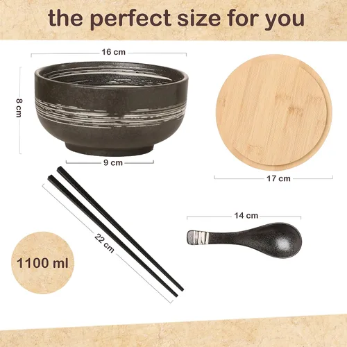 Vista 2 de Tazones grandes de cerámica para ramen de 38 onzas, 2 juegos (8 piezas), cuencos de ramen japonés, tazón de sopa, cuencos de fideos con cucharas