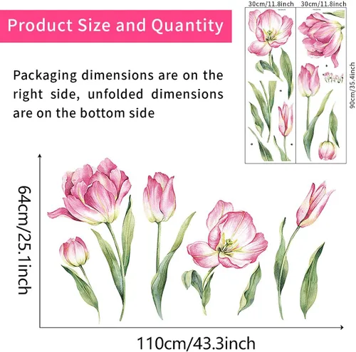 Vista 2 de 2 hojas de calcomanías de pared de flores rosas grandes, tulipán, flores, flores, jardín, hojas verdes, plantas, vinilo, bricolaje, decoración