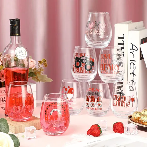 Vista 3 de Nitial 8 vasos de vino sin tallo de San Valentín de 12 onzas, vasos de chupito de amor con corazón, vasos románticos rojos y rosados, regalo