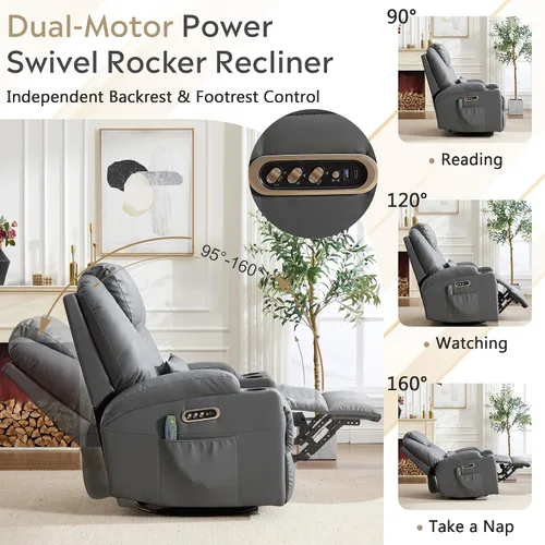 Vista 6 de Dual-Motor Power Swivel Rocker Recliner Chair with Heat & Massage Light Gray