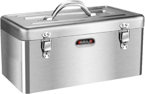 Vista 7 de Caja de herramientas de acero inoxidable, caja de herramientas multifunción plegable de 2 capas, con bandeja de herramientas extraíble y caja
