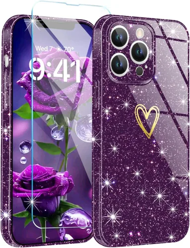 Vista 10 de Funda para iPhone 13 Pro, con [1 protector de pantalla de vidrio templado] [purpurina transparente] bonita funda brillante para teléfono a prueba