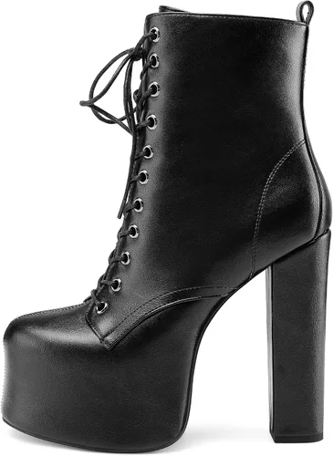 Vista 2 de Perisis Botines de plataforma de tacón alto grueso para mujer, botines de tacón con cordones de cuero a la moda con cremalleras