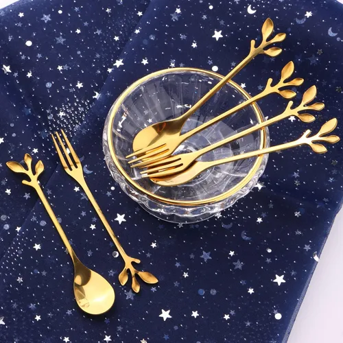 Vista 6 de Juego de 12 cucharas de café de acero inoxidable con hojas doradas y tenedores de frutas para tartas, accesorios de cocina, fiesta de boda
