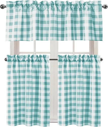 Vista 2 de Hiasan - Juego de cortinas semitraslúcidas a cuadros con cenefa y paneles de cocina, filtro de luz Buffalo a cuadros, color aguamarina y blanco
