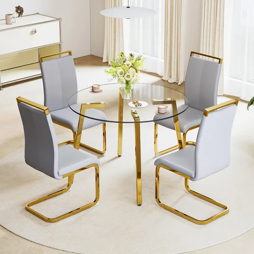Vista 28 de Juego de mesa de comedor de cristal para 4, mesa rectangular con 4 sillas de cocina de cuero blanco, juego de comedor de cocina de 51 pulgadas, mesa