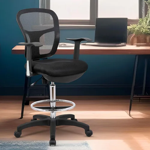 Vista 9 de Silla de dibujo con anillo para el pie, taburete de redacción con respaldo de malla, altura ajustable, brazos extraíbles silla giratoria para Negro