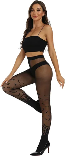 Vista 7 de MANZI Medias de Halloween para mujer, a rayas, con estampado de murciélagos y nailon Mallas con estampado de murciélagos