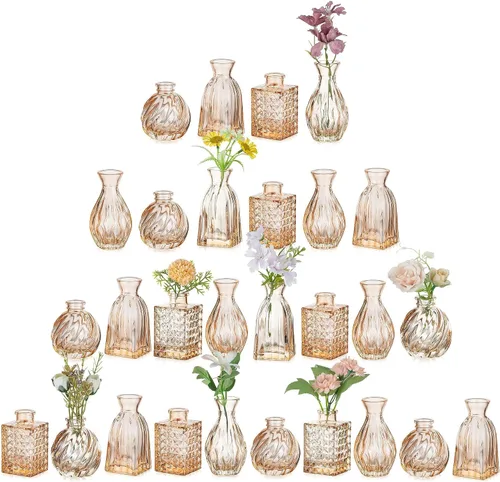 Vista 9 de Glasseam Jarrones de cristal para centros de mesa: pequeño jarrón de flores, juego de 4 mini jarrones vintage para flores, jarrón de centro de mesa