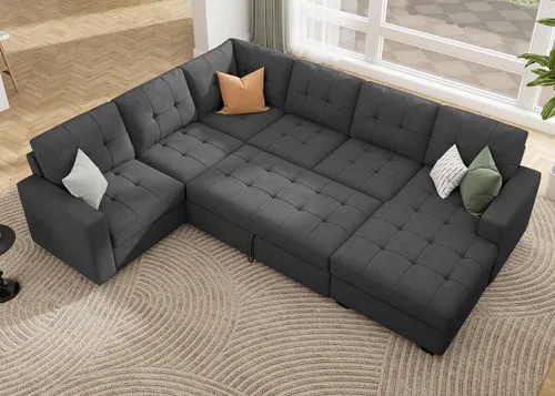 Vista 9 de HONBAY Sofá Seccional Cama Extraíble, Sofá Seccional en Forma de U con Chaise de Almacenamiento, Sofá Cama para Sala de Estar, Beige