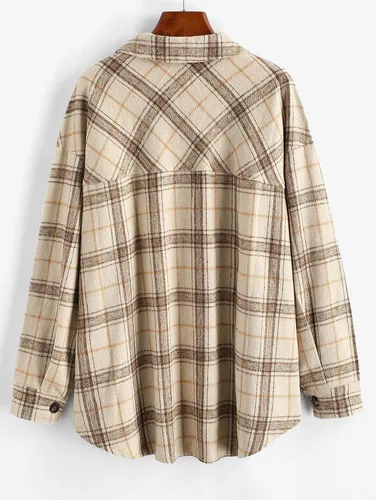 Vista 3 de ZAFUL Camisa de manga larga a cuadros para mujer mezcla de lana con botonadura chaqueta fina blusa casual con bolsillo
