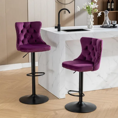 Vista 58 de Juego de 2 modernos taburetes de bar giratorios ajustables, sillas de bar copetudas de terciopelo beige con respaldo y ribete de cabeza de clavo