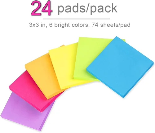 Vista 2 de Paquete de 24 notas adhesivas de 3 x 3 pulgadas, bloc de notas adhesivas coloridas superadherentes, adhesivo fuerte, 74 hojas/bloc