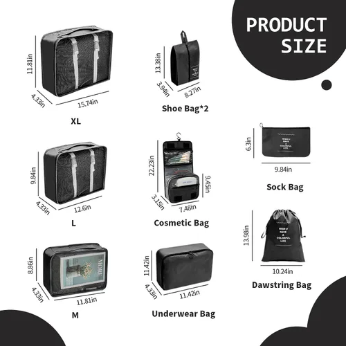 Vista 4 de Juego de 9 cubos de equipaje para maletas, cubos de viaje para mujeres de embalaje, bolsas organizadoras de maleta, bolsa esencial de viaje ligera