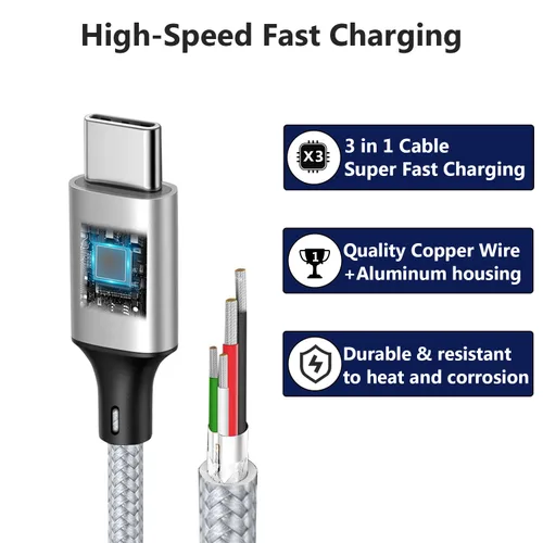 Vista 7 de Puxnoin Cable de carga múltiple, cable divisor USB C, cable de carga rápida 3 en 1 con 3 puertos macho tipo C compatible con teléfonos celulares