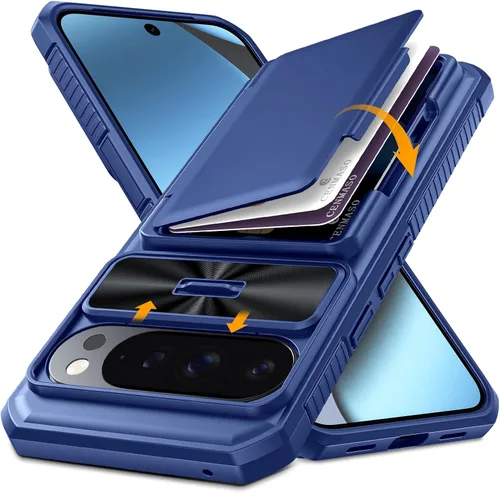 Vista 27 de CENMASO - Funda para Google Pixel 9 Pro XL con tarjetero (4 tarjetas), funda deslizante para cámara y función atril, bloqueo RFID, protección