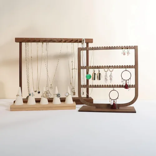 Vista 8 de GemeShou organizador colgante de madera de la joyería, tenedor de exhibición de la joyería de la nuez para la venta, estante de almacenamiento