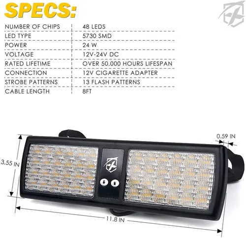 Vista 7 de Xprite - Luces estroboscópicas Amber de 48 LED para visor, luces interiores de parabrisas y protector solar, luces de advertencia de peligro