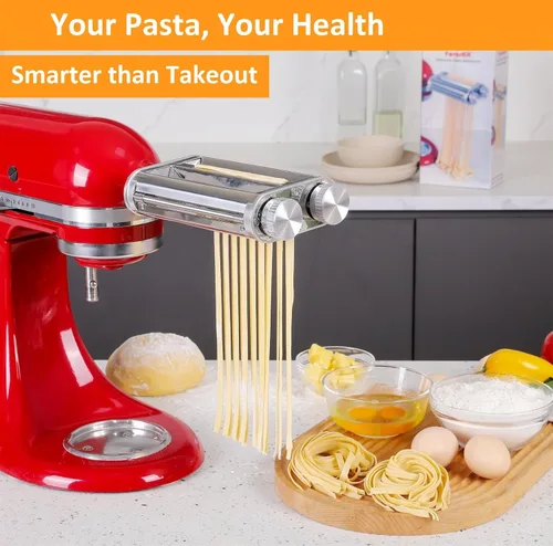 Vista 5 de FavorKit Accesorio para hacer pasta para batidoras de pie KitchenAid, juego resistente 3 en 1 incluido rodillo de hojas de pasta, accesorios