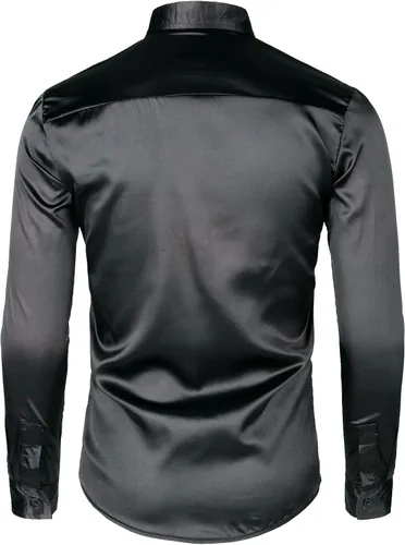 Vista 3 de Jogal - Camisa de vestir para hombre con lentejuelas plateadas, manga larga, botones, de los años 70, disfraz de fiesta o discoteca