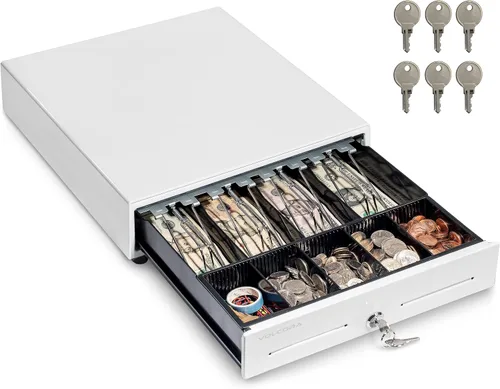 Vista 11 de Volcora Cajón de caja registradora de 13" para sistema de punto de venta (POS), Bandeja de efectivo de 4 billetes y 5 monedas, Cajones delanteros