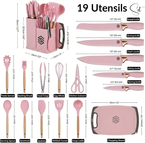Vista 2 de 19 piezas de juego de utensilios de cocina de silicona rosa con mango de madera y juego de cuchillos, espátula antiadherente resistente al calor