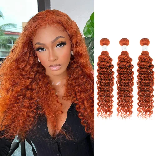 Vista 49 de Cabello Humano Rizado Castaño Rojizo, Trama Gruesa Castaño Cobrizo Rojo Coloreado Ondas Profundas Paquetes Individuales Cabello Humano 12A Tejido