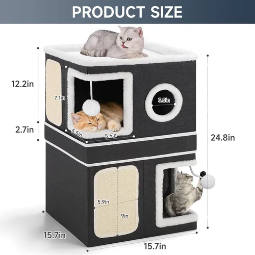 Vista 3 de Casa de Gato de 2 Pisos para Gatos de Interior, Separable en 2 Grandes Camas de Gato Cueva con Condominios Escondidos, Almohadillas para Rascar
