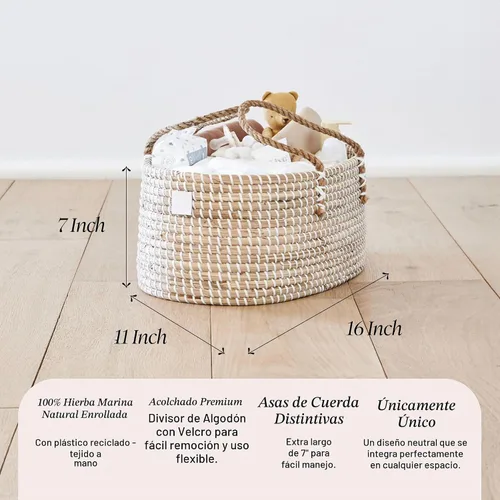 Vista 4 de BEBE BASK - Organizador de pañales para bebé, cesta con divisor de algodón Award Winner, Handmade, Seagrass Caddy Basket, Newborn Essentials