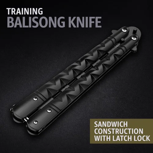 Vista 4 de GOOD WORKER Cuchillo Mariposa - Entrenador Balisong - Entrenador de Mariposa de Práctica Negro con Pestillo de Resorte Seguro - Cuchillos Balisong