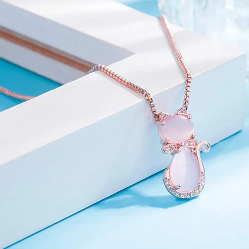 Vista 4 de BBSSC Collar con colgante de gato rosa, piedra de cuarzo y ópalo, lindo gatito adornado, cristales adornados, oro rosa, cadena chapada en plata